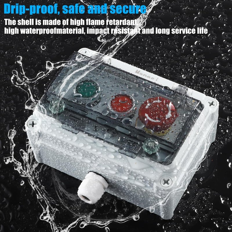 Manesi Push Button Station IP67 Outdoor Waterproof Button Switch Box Emergency Stop Button Switch and Instantaneous Button Switch (Green and Red) with Protective Cover Anti-Misoperation Switch - Image 3